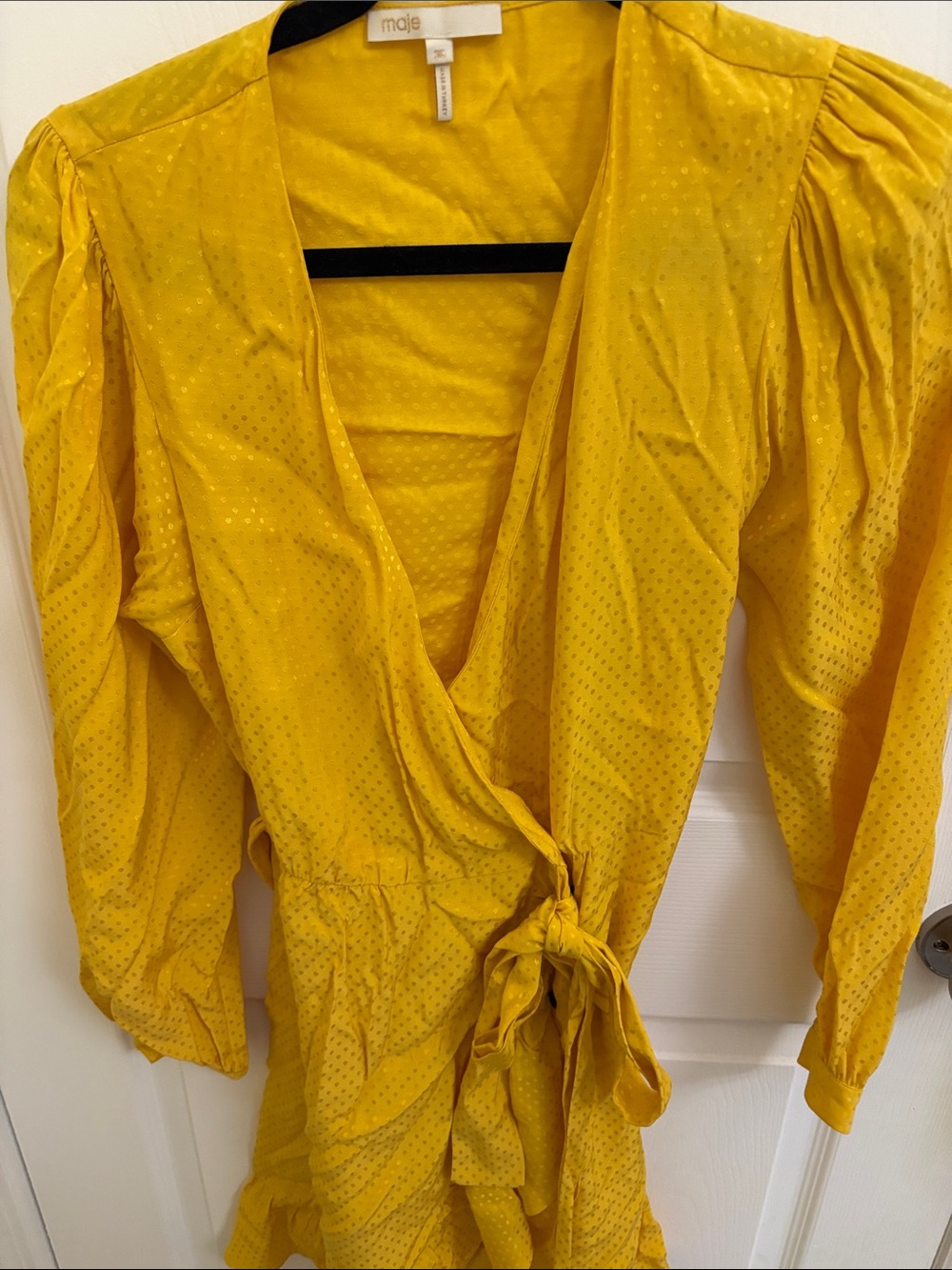 Maje Size 36 (US 1) - Long-Sleeve Yellow Wrap Dress with Ruffle Hem